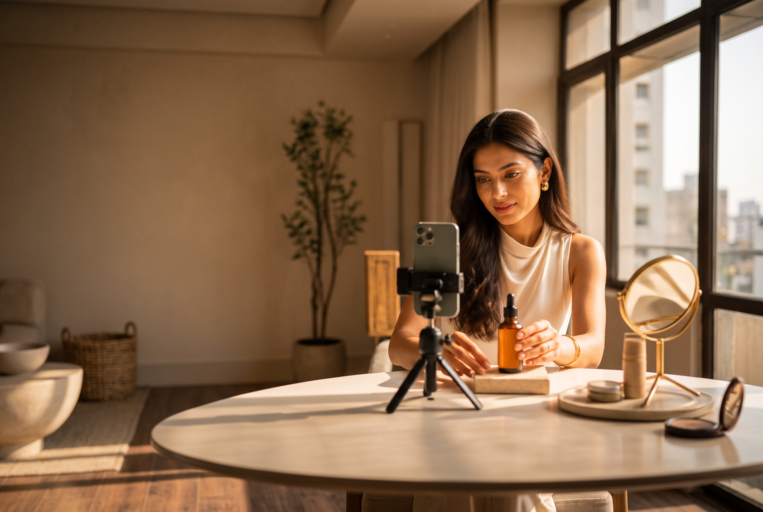 Creator filming a skincare product at home on a phone